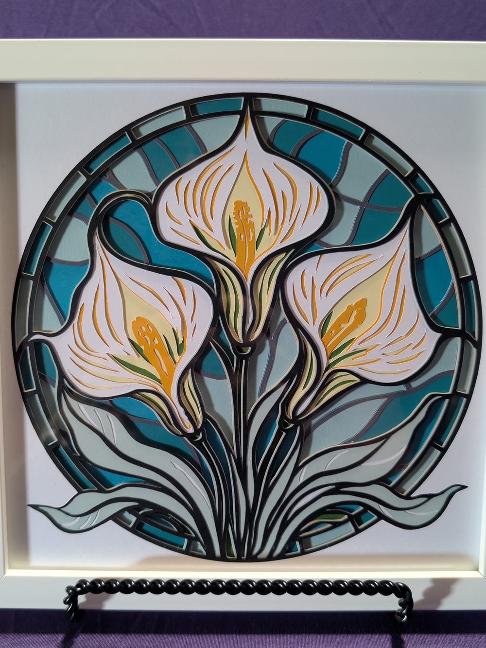 Framed White Calla Lily Layered Papercraft Wall Art - Teal & White Floral Print